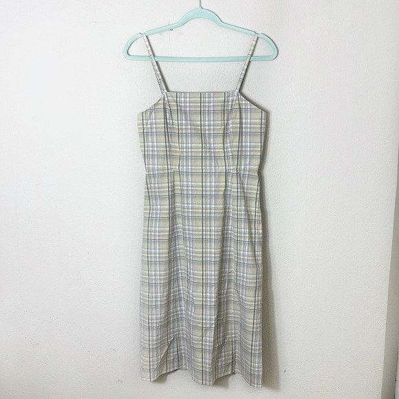 J. Crew A Line Dress Beige Dusty Blue Plaid Spaghetti Strap Square Neck size S - Picture 1 of 7